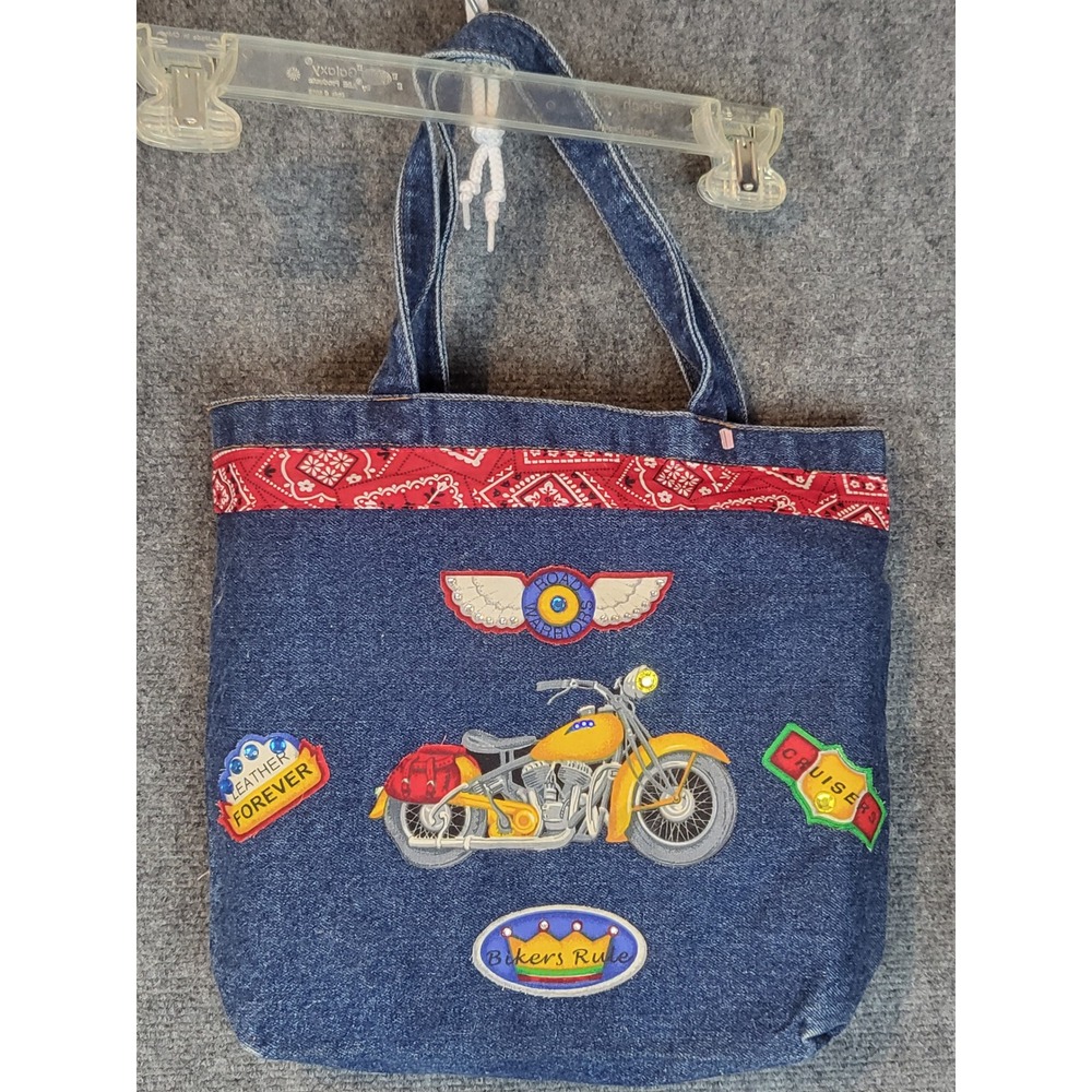 Denim‎ Tote Bag Motorcycle Patches Biker Cruise Leather Forever Red Bandana Blue